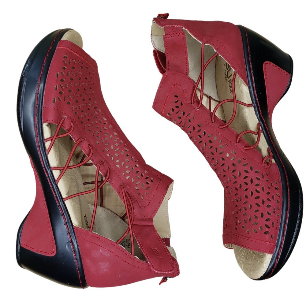 JBU Jambu Size 9.5 Nelly Wedge Sandals Red Vegan Leather Back Zip